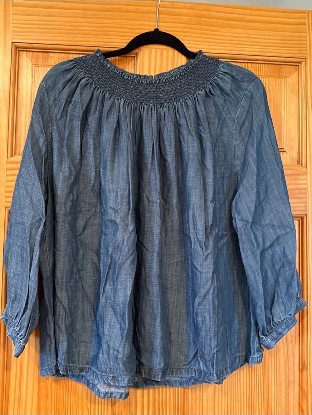 LOFT Chambray Smocked-Neck Peasant Blouse - Blue